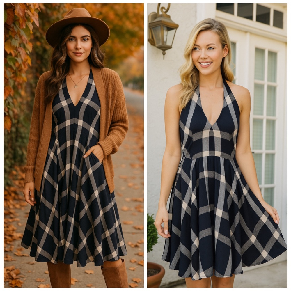 Anthropologie Navy and Tan Plaid Halter Midi Dress